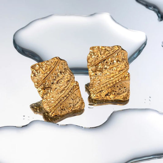 18k Gold Plated  Hammer Rectangle Stud Earrings
