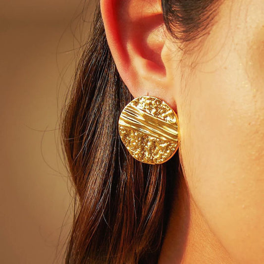 18k Gold Plated  Hammer Round Stud Earrings