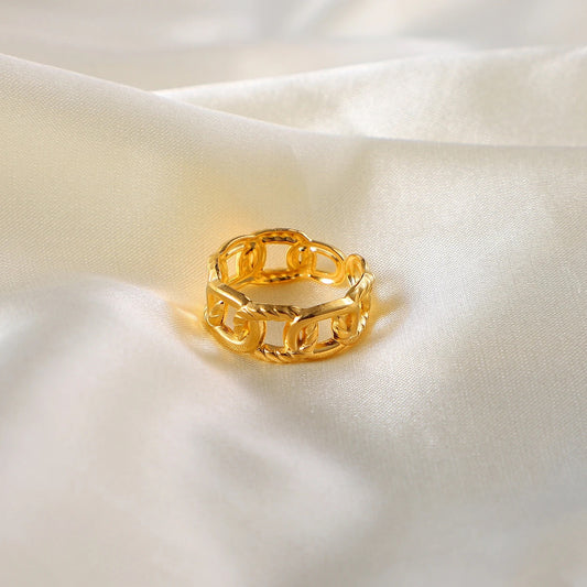 Gold / Adjustable - 18k Gold Plated Twisted Link Chain Ring