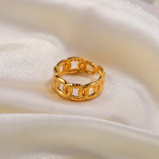 Gold / Adjustable - 18k Gold Plated Twisted Link Chain Ring