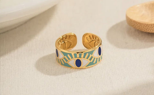 Luxury 18K Gold Plated Beads Eyes Layer Adjustable Ring