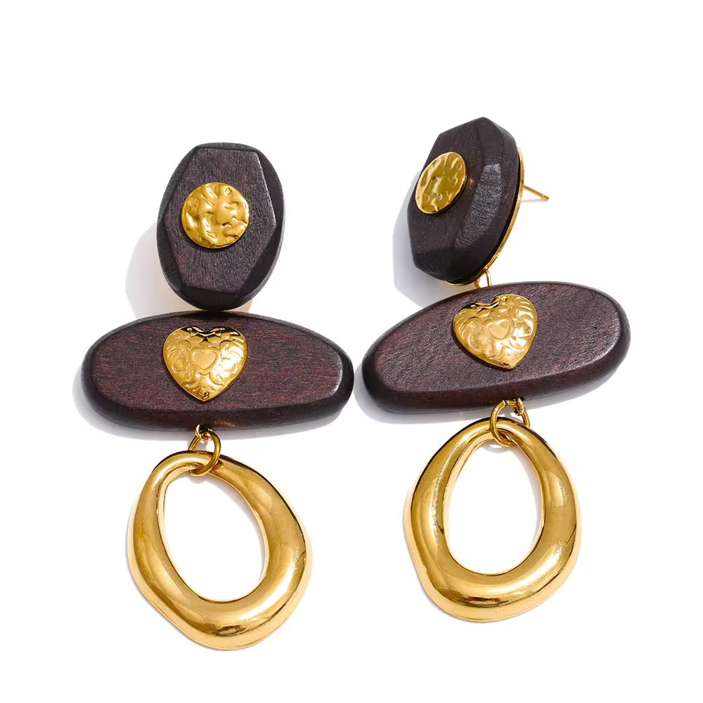 Brown wood Golden Heart Earring