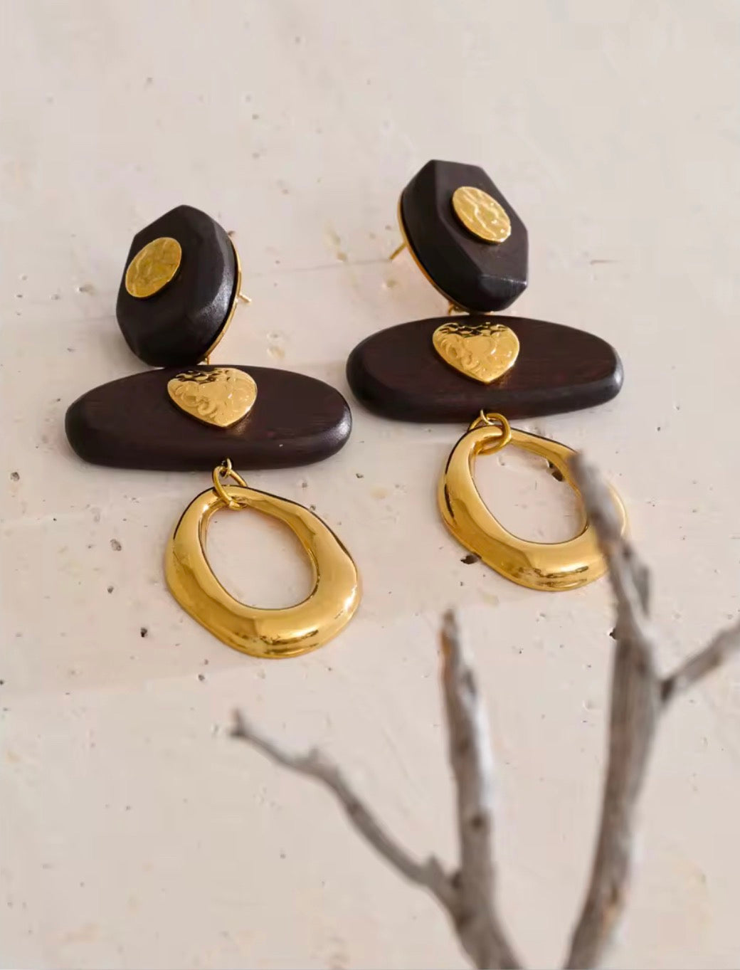 Brown wood Golden Heart Earring