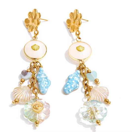 Stone Enamel Shell  Drop Earrings