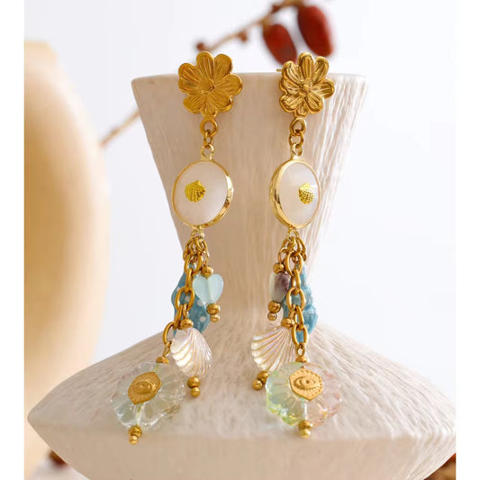 Stone Enamel Shell  Drop Earrings
