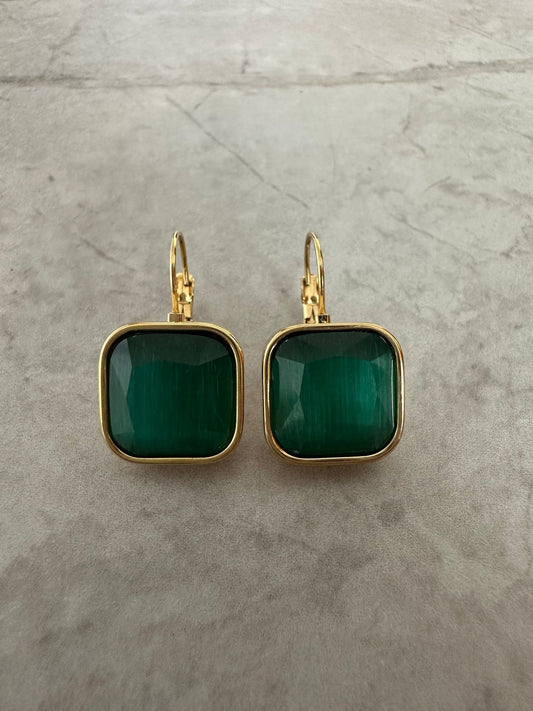 Green  Square Stone Gold  Earring